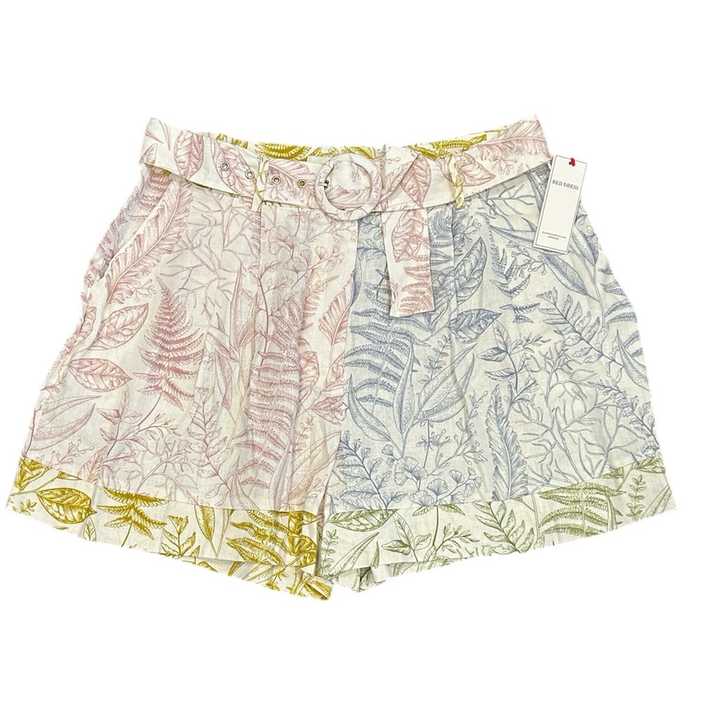NWT Aura Red Dress Floral Euro Summer Linen Blend High Waisted Belted Shorts - Picture 3 of 9